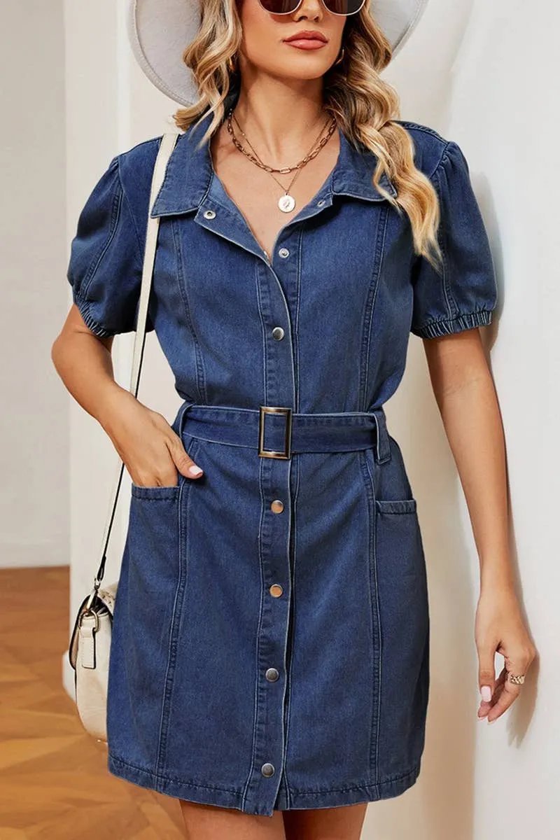 Romantic-Style Flowy Layers 2024 LAPLE SHORT SLEEVE BELTED DENIM SHIRT DRESS_CWDSD2575