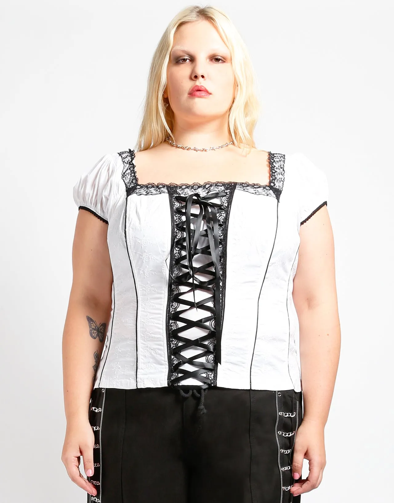 Reflective accents CURVE CAP SLEEVE SKULL EMBROIDERY CORSET