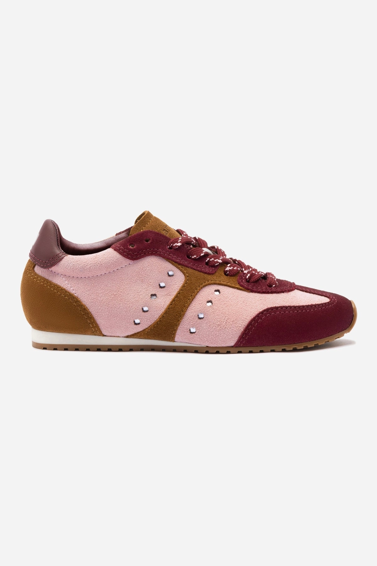 Stella Sneaker In Tulip, Russet and Wine Suede and Silver Metallic Leather Shock Dispersing Plate Feather Light Long Distance
