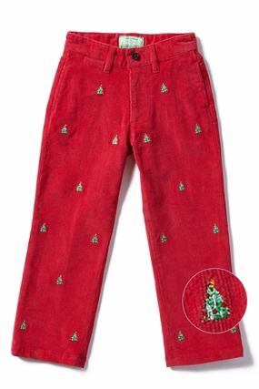 Machine washable Anti Snag Threading Boys Beachcomber Corduroy Pant Crimson with Christmas Tree