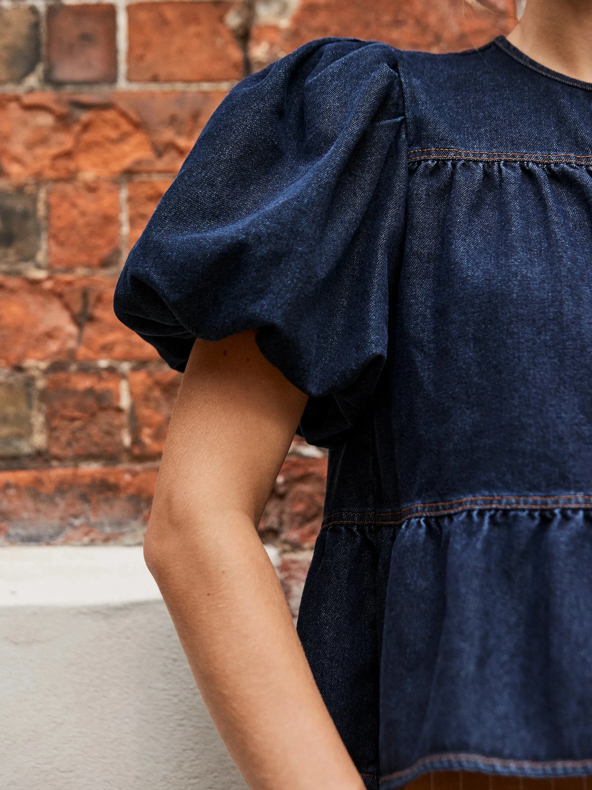 Dark-Blue Puff-Sleeve Denim Top Built In Filter Layer