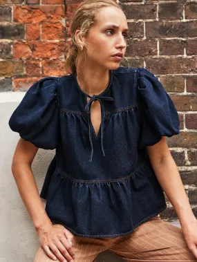 Dark-Blue Puff-Sleeve Denim Top SoftInteriorLining Comfort Cushion Neckline