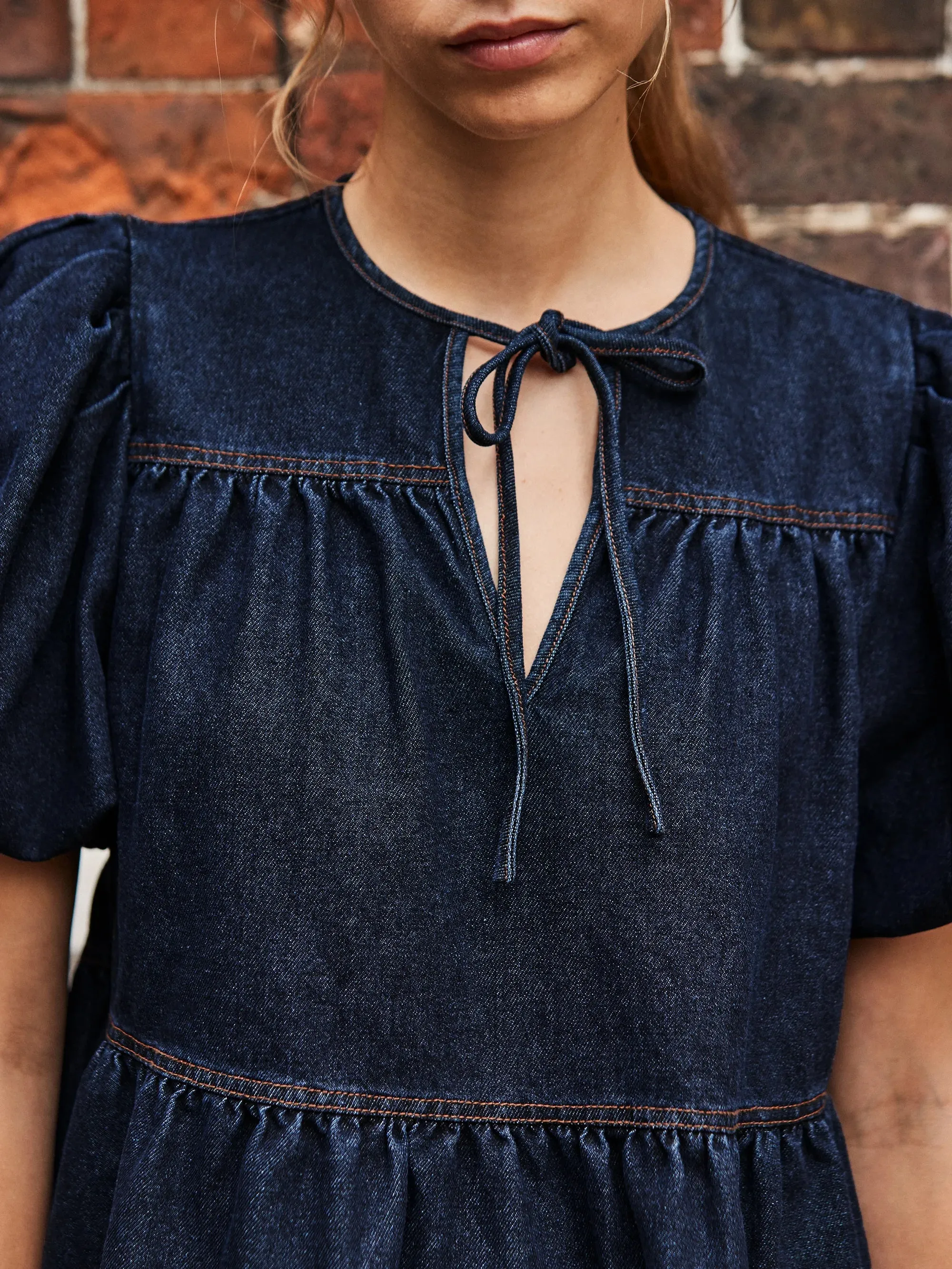 Dark-Blue Puff-Sleeve Denim Top Hot Weather