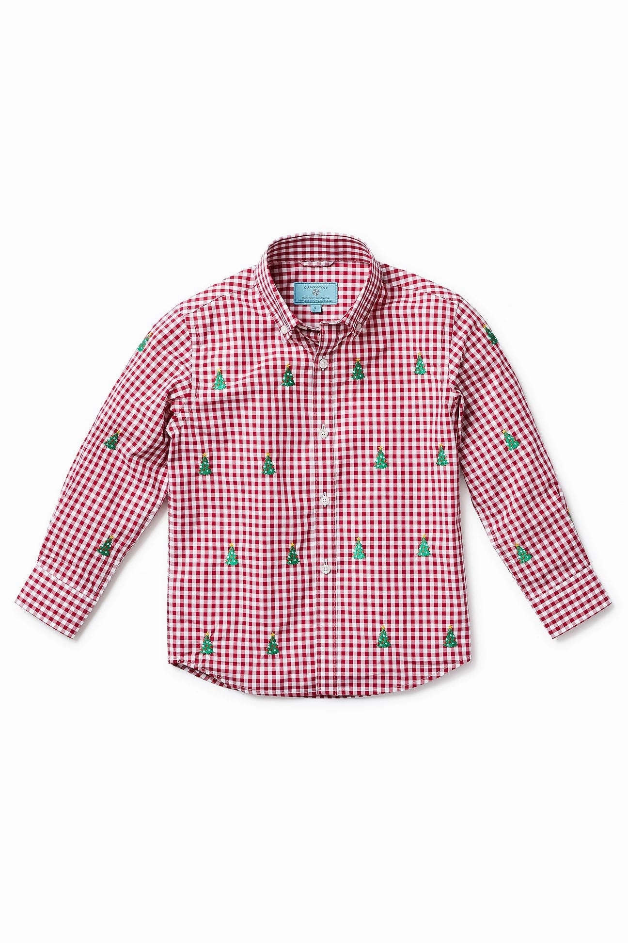Garment Dyed Finish Boys James Shirt Wide Gingham Red with Christmas Tree