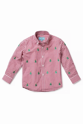 Boys James Shirt Wide Gingham Red with Christmas Tree Winter Layer Stretchy Top