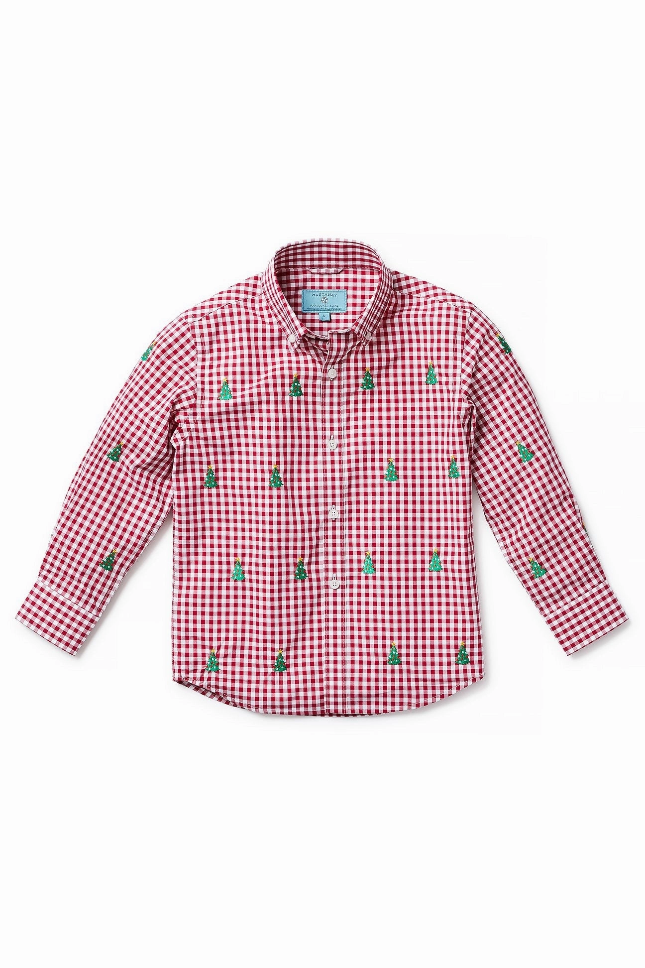 Boys James Shirt Wide Gingham Red with Christmas Tree Tagless Labeling