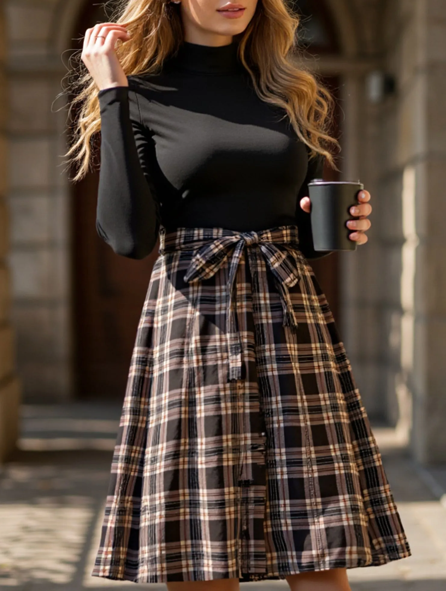 Perfect Comfort Wear Elegant plaid long dress with stand-up collar
