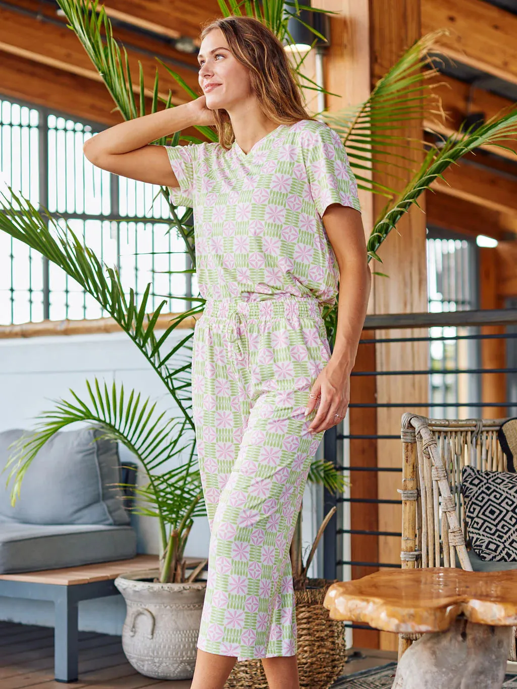 Stretch Comfort Alli Cropped Pants Pajama Set in Quilted Charm