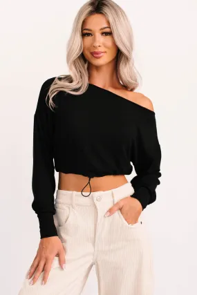 Glow Up Goals Ribbed Off The Shoulder Crop Top (Black) DroppedShoulder