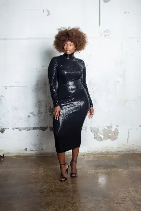 Jibri Long Sleeved Sequined Mock Neck Pencil Dress LightweightConstruction Reinforced Stitching