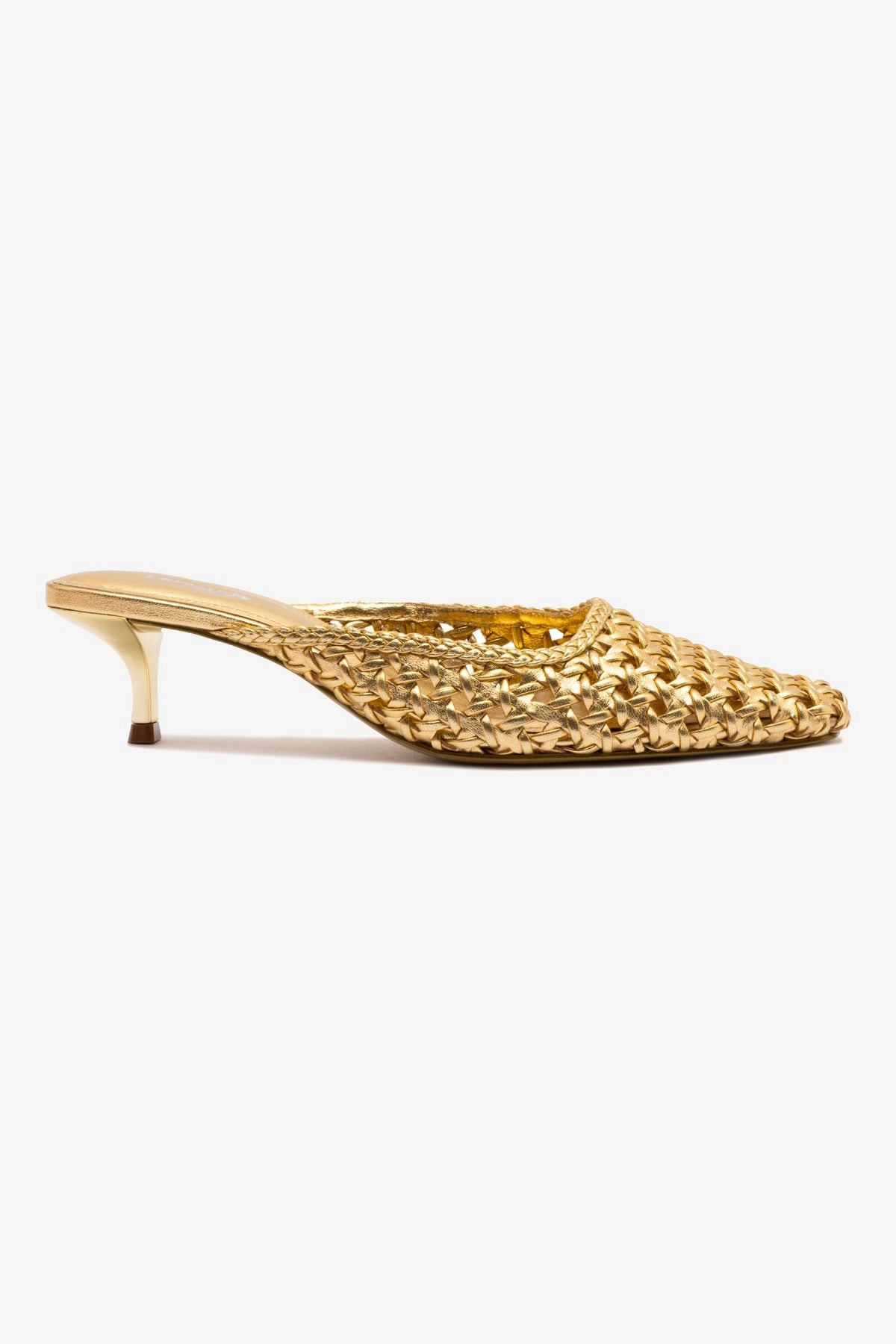 Amal Macrame Mule In Gold Metallic Leather Flex Groove Technology Island Vibe