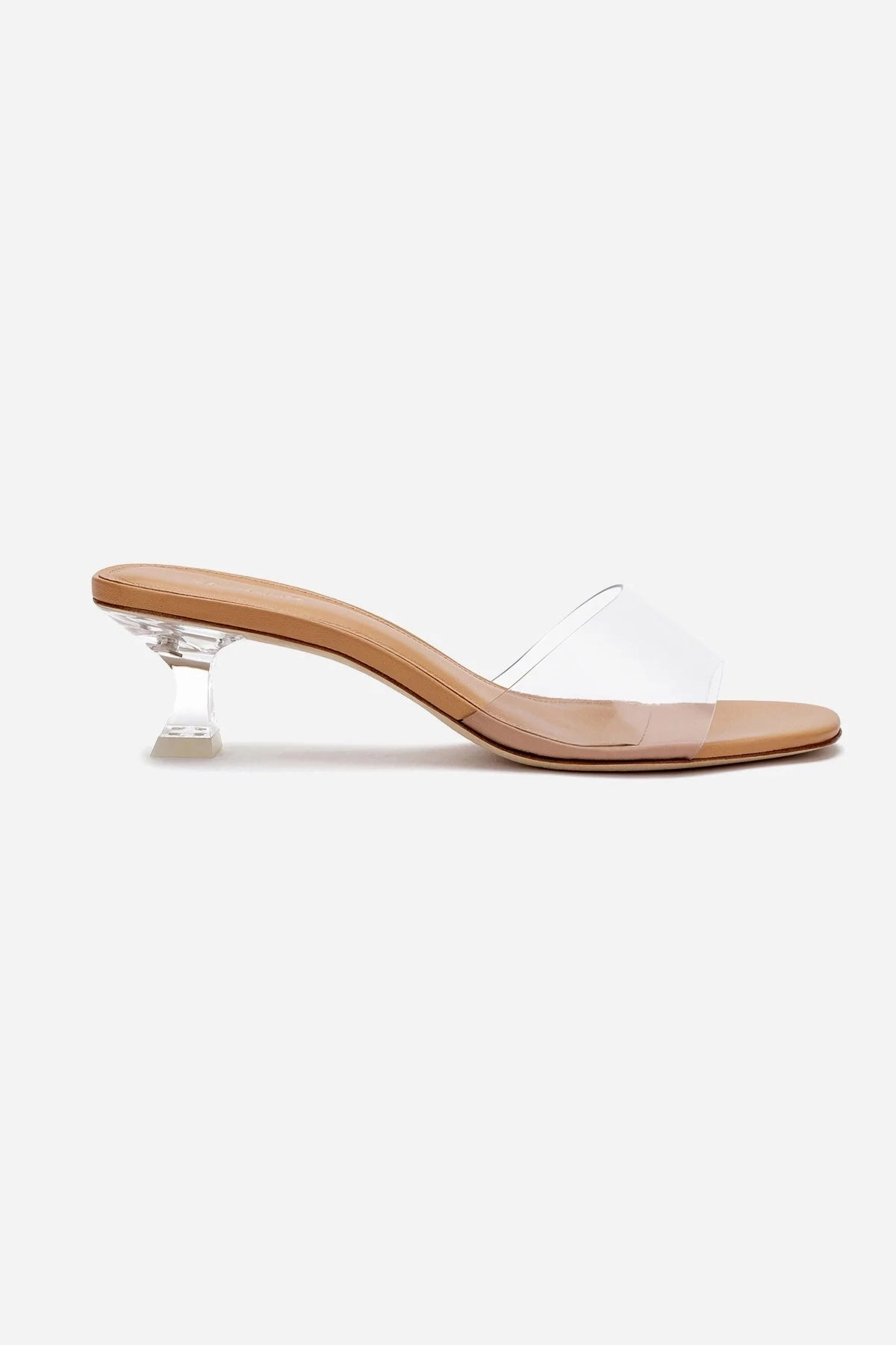 Vivi Lucite Mule In Tan Leather and Vinyl Cushioned heel Pose Ready