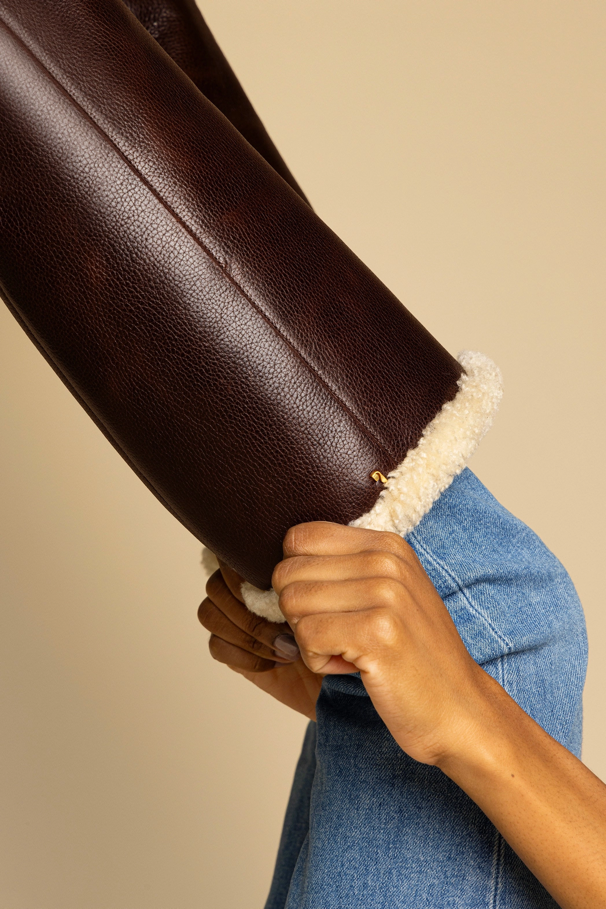 Flexible Outsole Construction Anne Lugsole Boot In Brown Leather And Natural Shearling