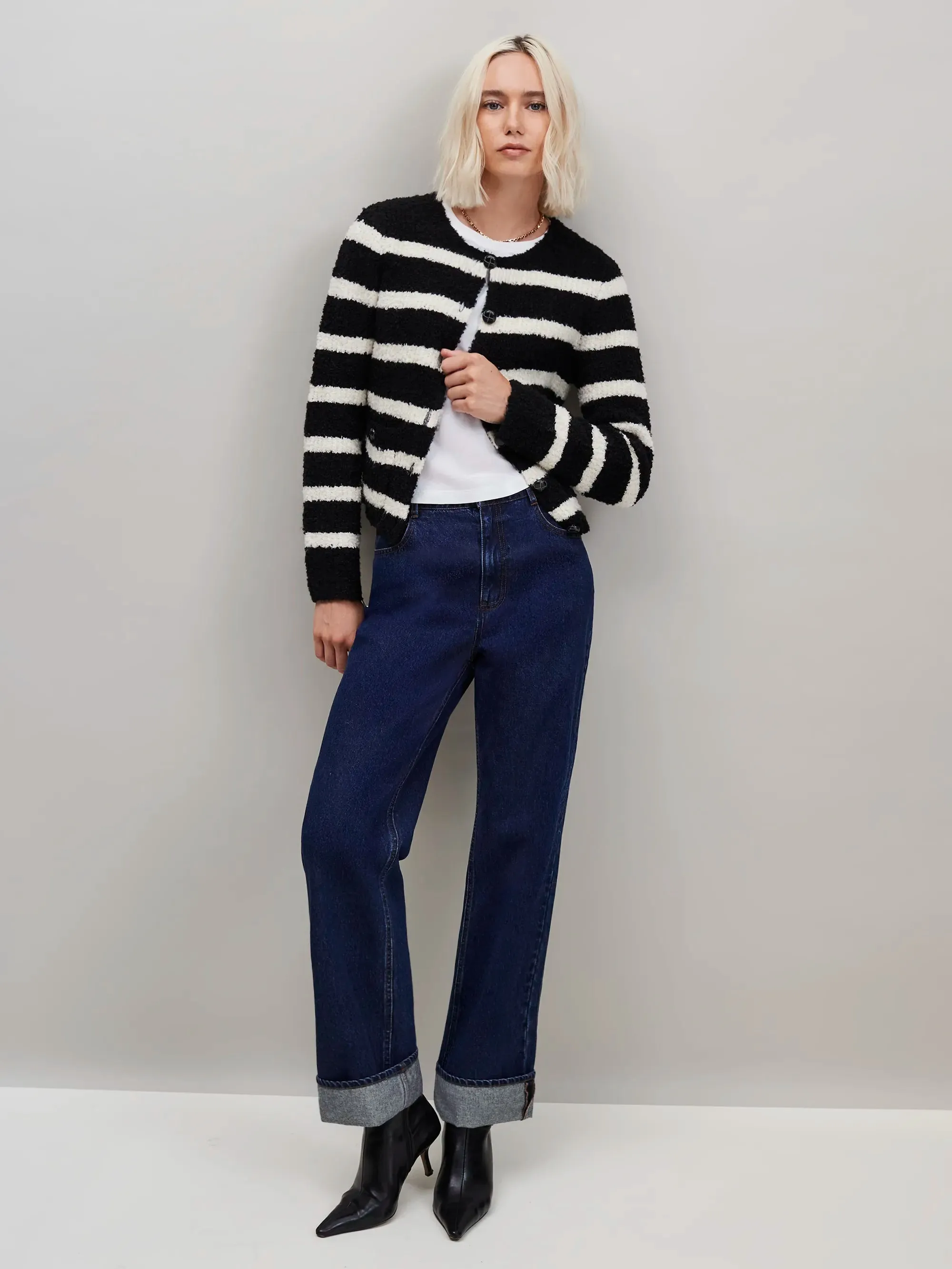 Black and White Striped Boucl-Knit Cardigan AntiPillingFinish Breathable Mesh Insert