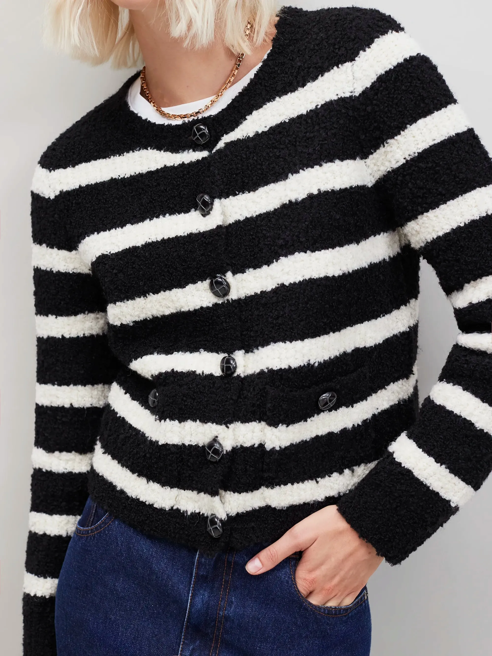 Adjustable Cuff Compact TravelFriendly Design Black and White Striped Boucl-Knit Cardigan