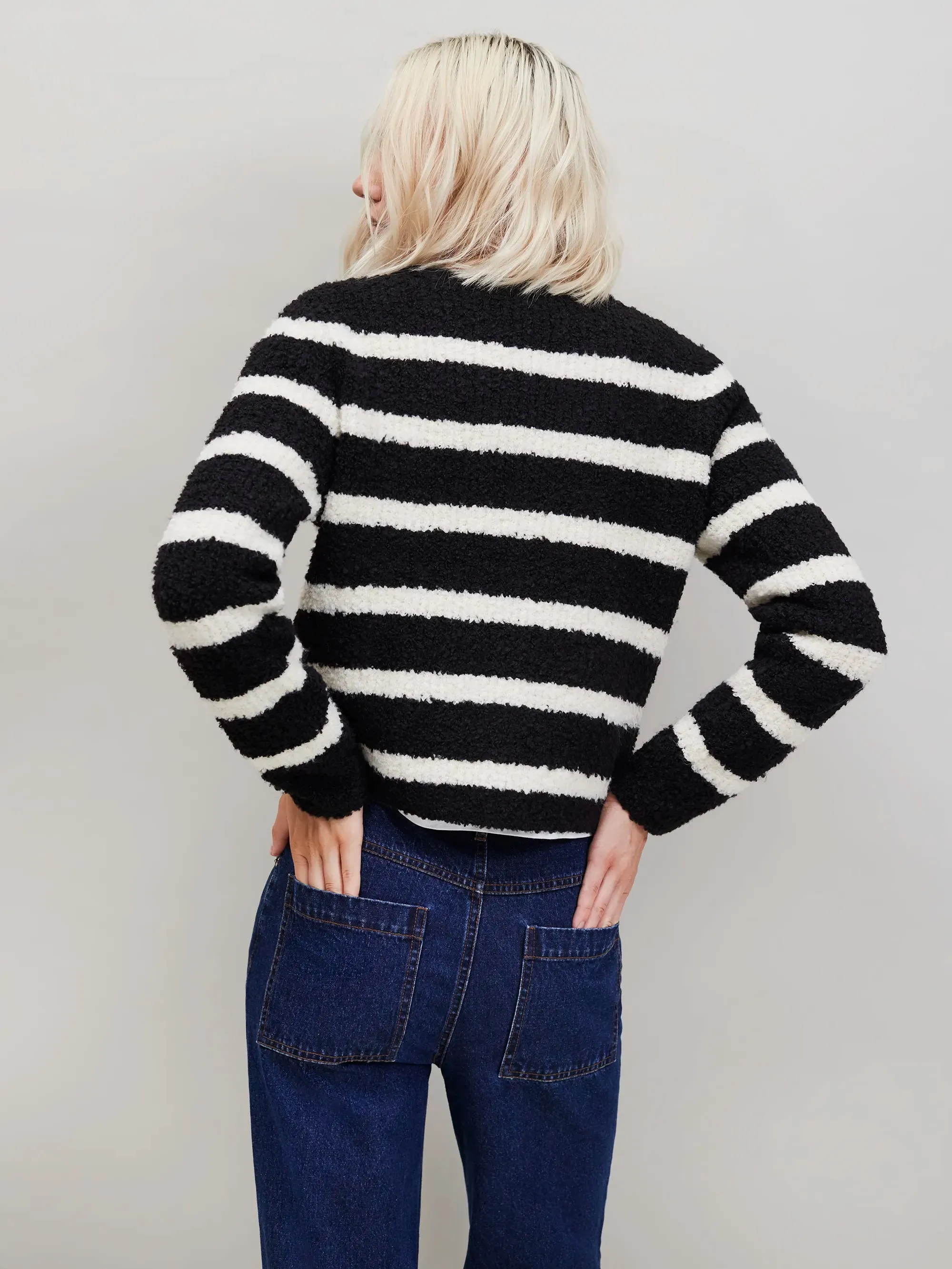 Black and White Striped Boucl-Knit Cardigan Airflow Mesh Lining Durable Interlock Stitch