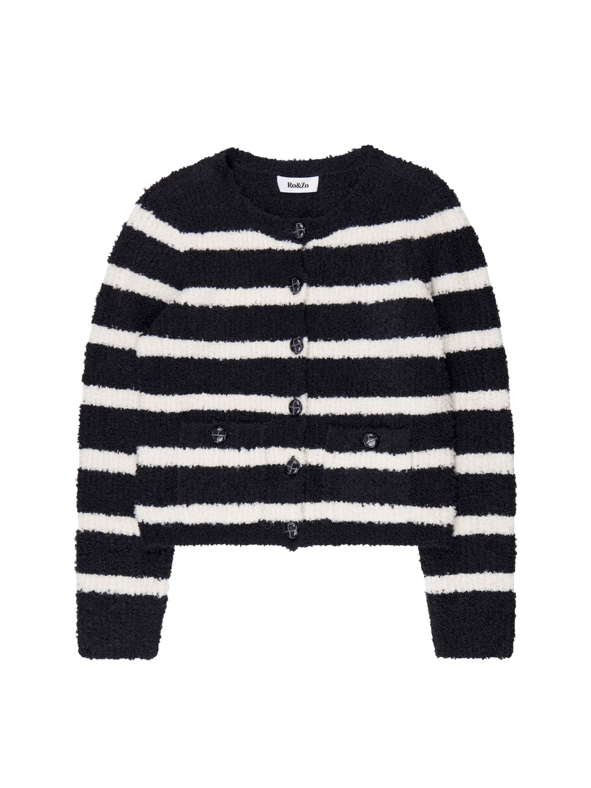 Black and White Striped Boucl-Knit Cardigan Warm Hoodie
