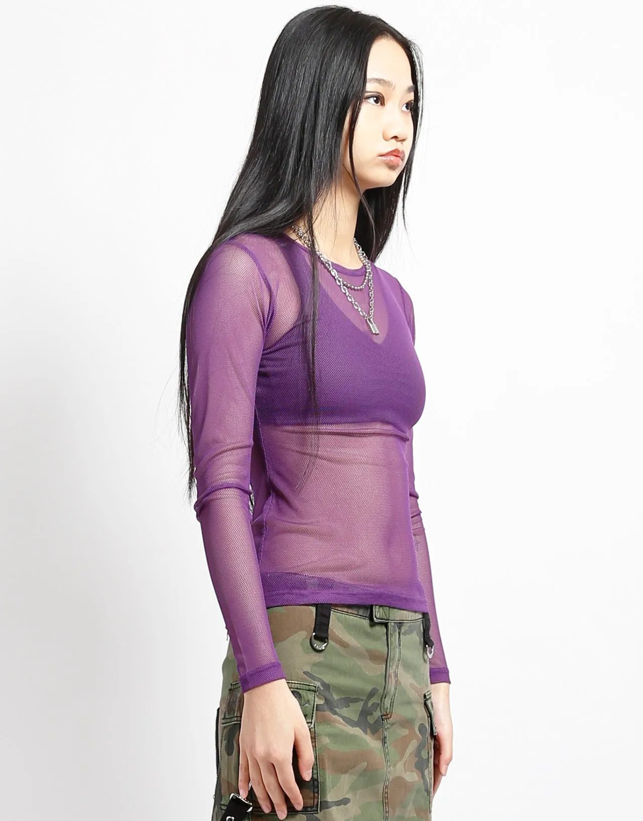 LADIES LONG SLEEVE FISHNET PURPLE Wrinkle Resistant Texture SeamlessSidePanels