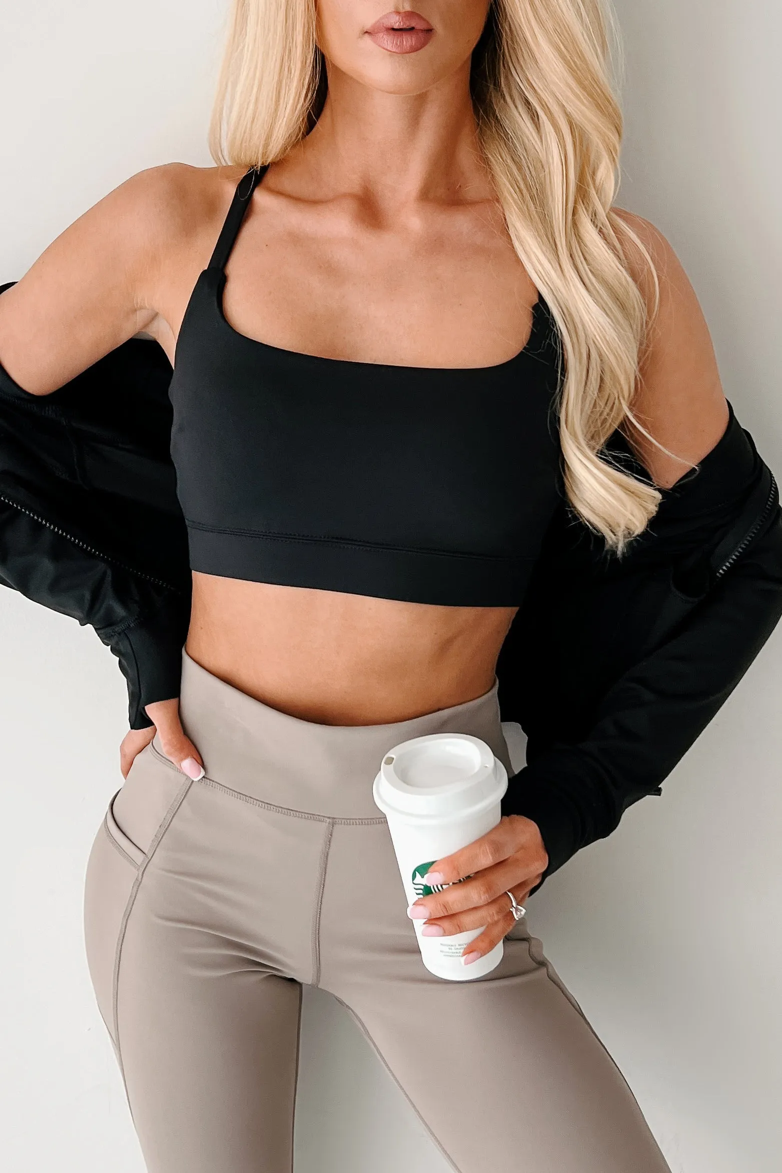 All Season Wear Fabric Recycled Polyester Fabric Game Face On Criss-Cross Activewear Top (Black)