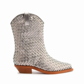 Cicera Woven Metallic Leather Bootie Modern Bold Dynamic Flex Grooves