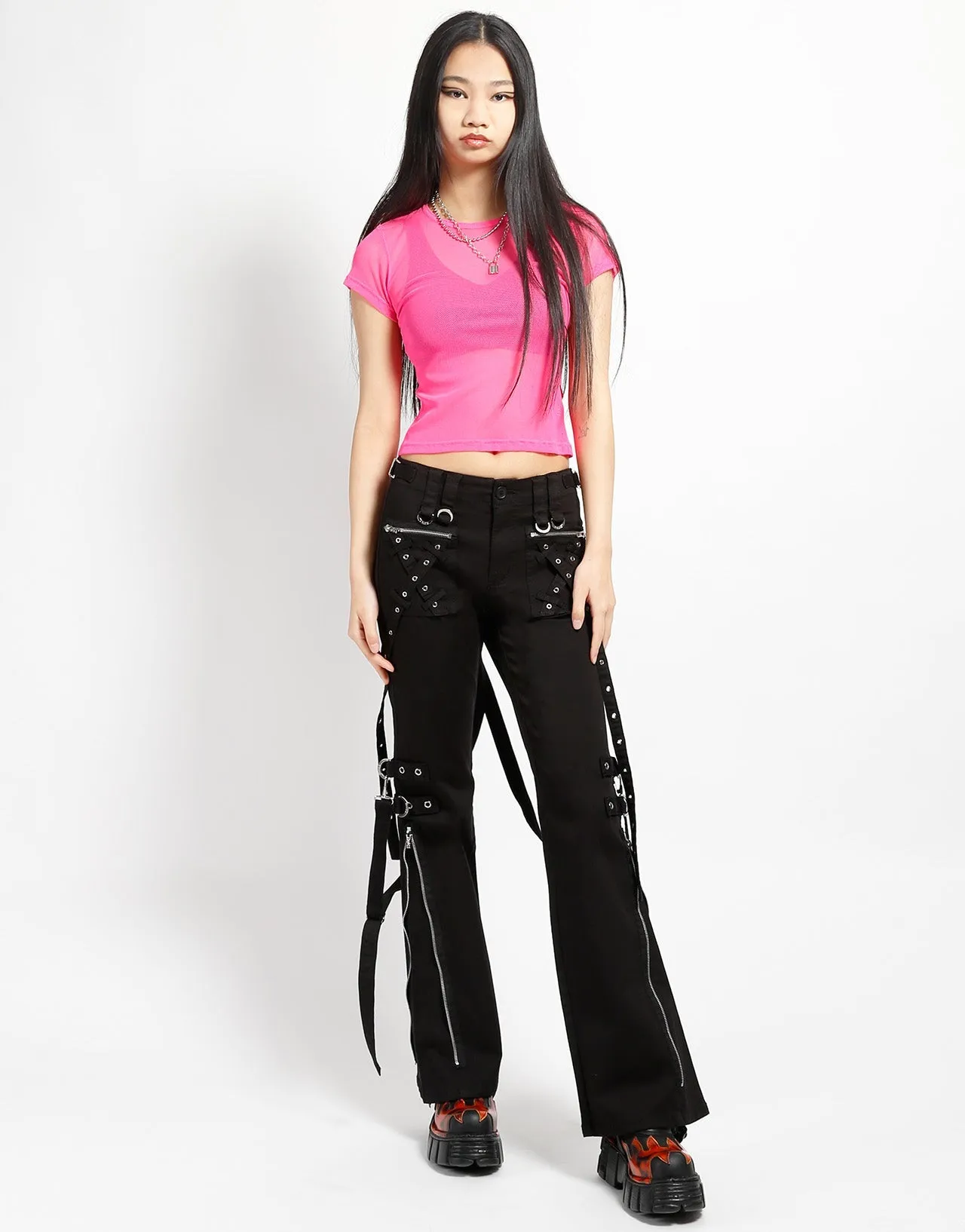 ButtonFront Durable Stitch Pattern BABY TEE FISHNET PINK