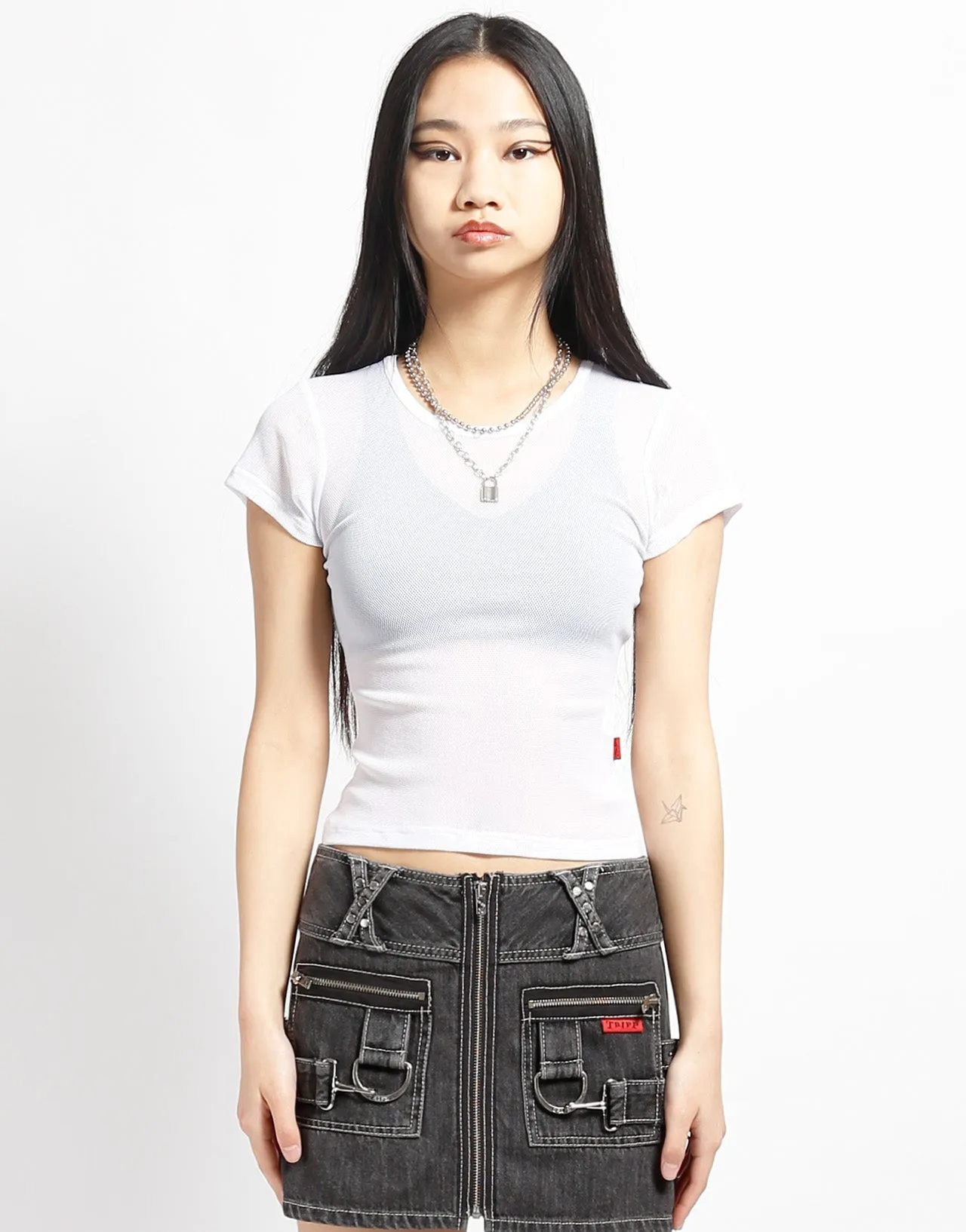 BABY TEE FISHNET WHITE Colorfast Dye Method HoodedVersion