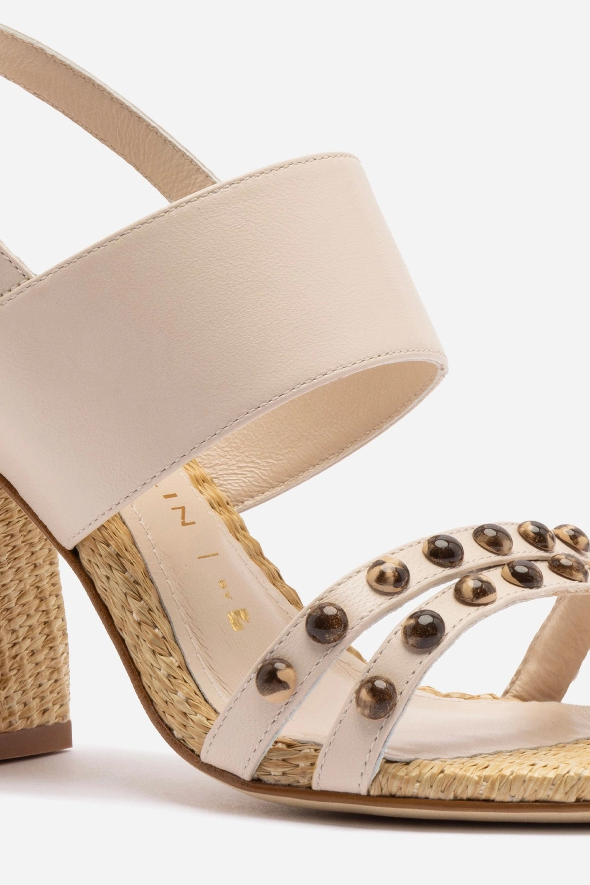 Chloe Gosselin by Larroud Margot Sandal In Puff Cream Leather and Natural Raffia Shock Guard Gold Tone
