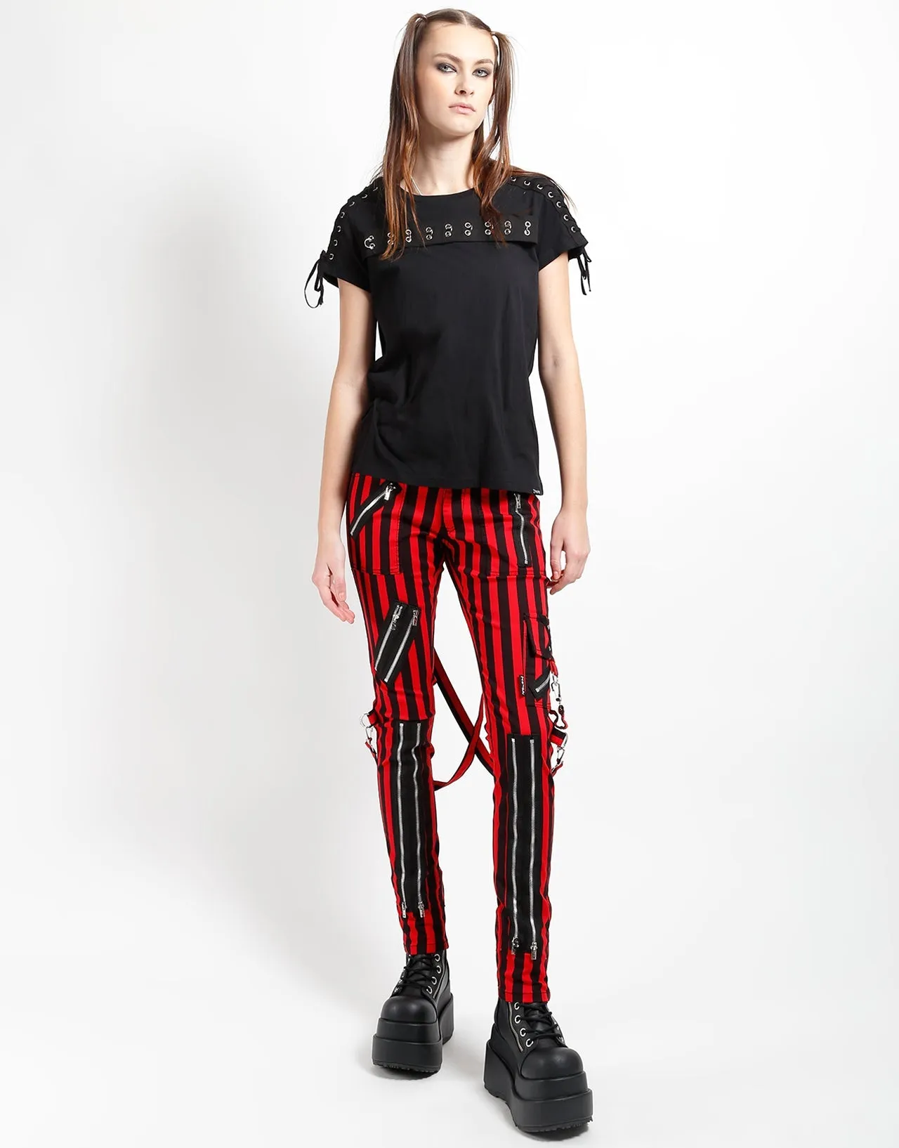 CLASSIC SLIM LEG BONDAGE PANT MEDIUM BLK RED STRIPE No Ride Fit Plaid detail