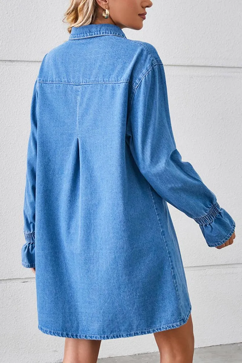 Retro Vibes BELL SLEEVE LOOSE CARDIGAN DENIM SHIRT DRESS_CWDSD2576