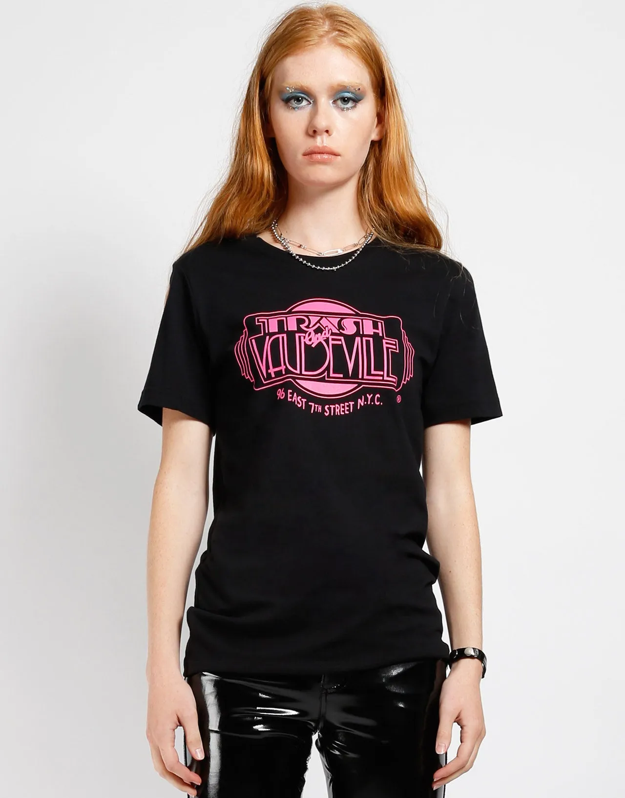 Black & Pink Trash & Vaudeville Logo T-Shirt Minimalist Styling WrinkleFree Weaving