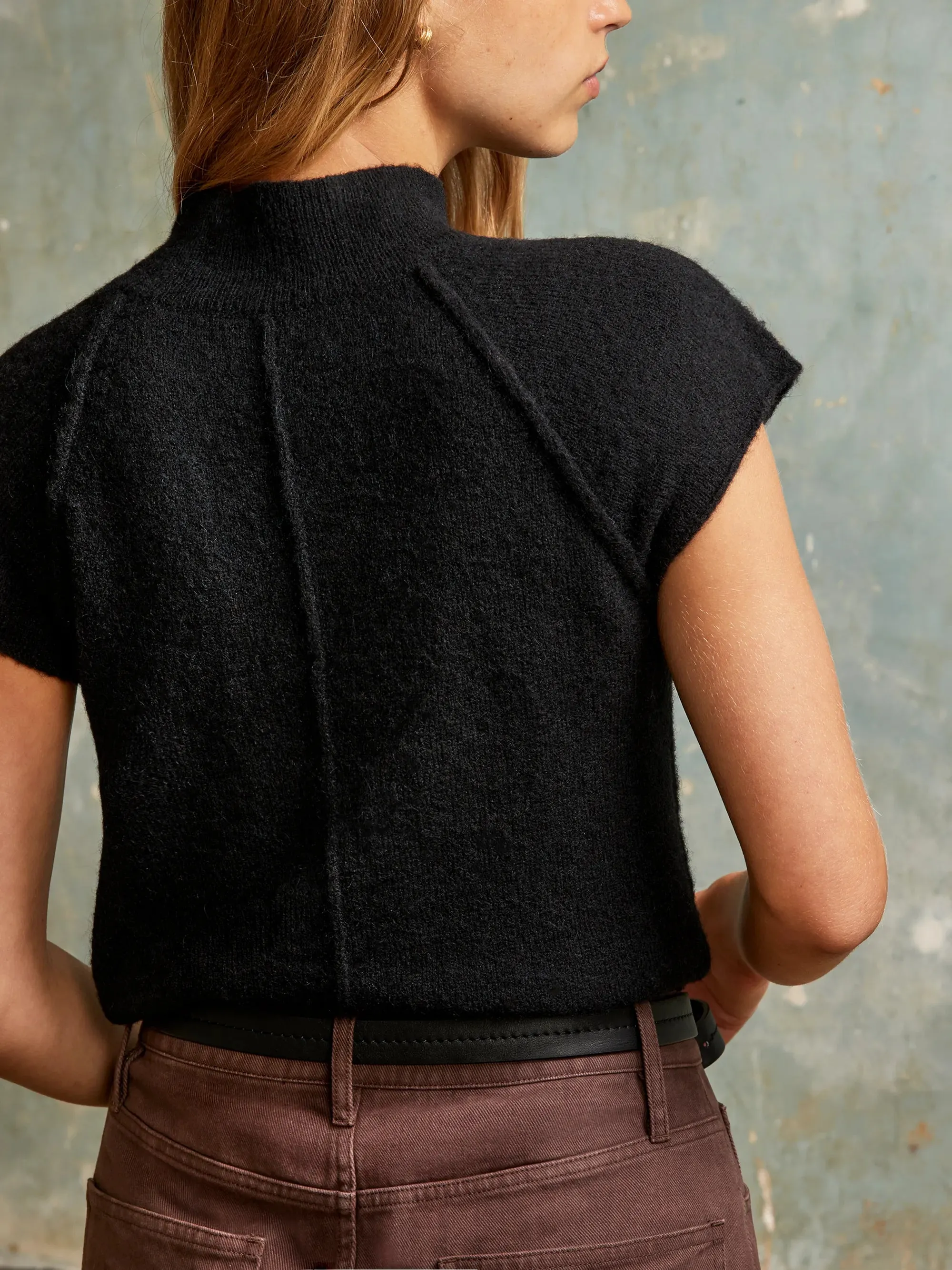 Modern Design Black Turtleneck Knit Top with Wool and Alpaca