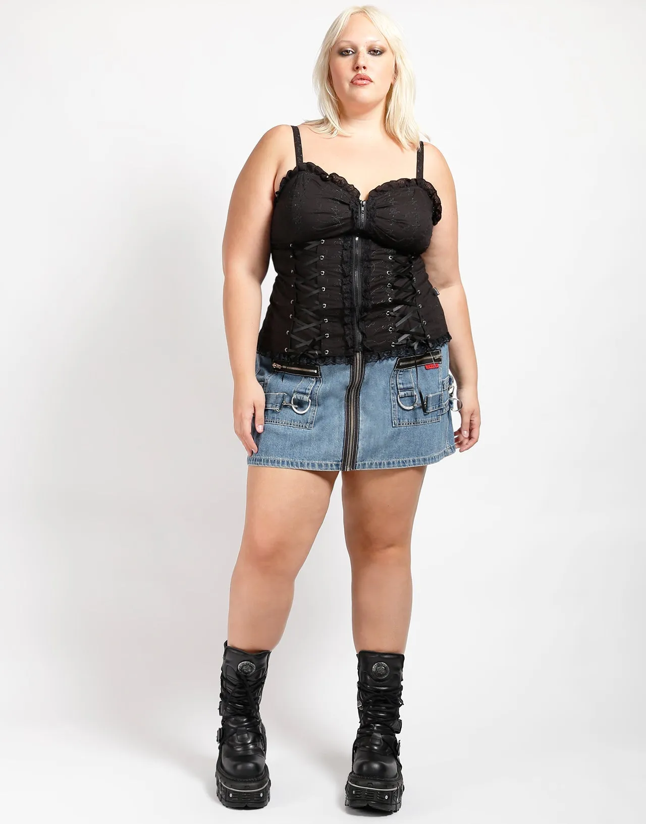 CURVE MEGA RING SKIRT LIGHT INDIGO DENIM Laser Cut Perforations