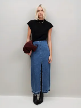 Blue Denim Split Front Maxi Skirt Tagless Design BrushedInnerSurface
