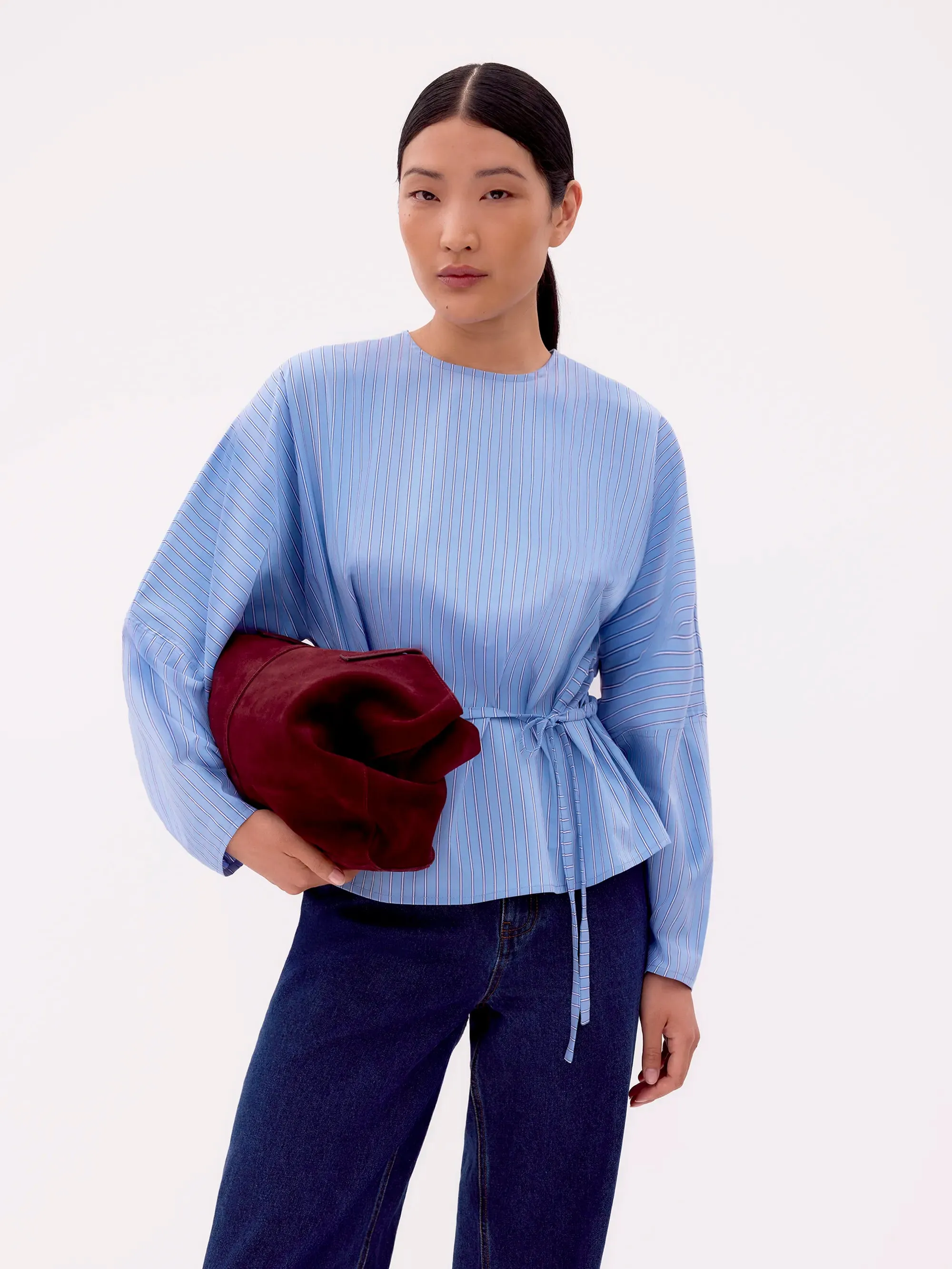 EcoFriendly Manufacturing TonalStitching Blue Stripe Tie Waist Blouse