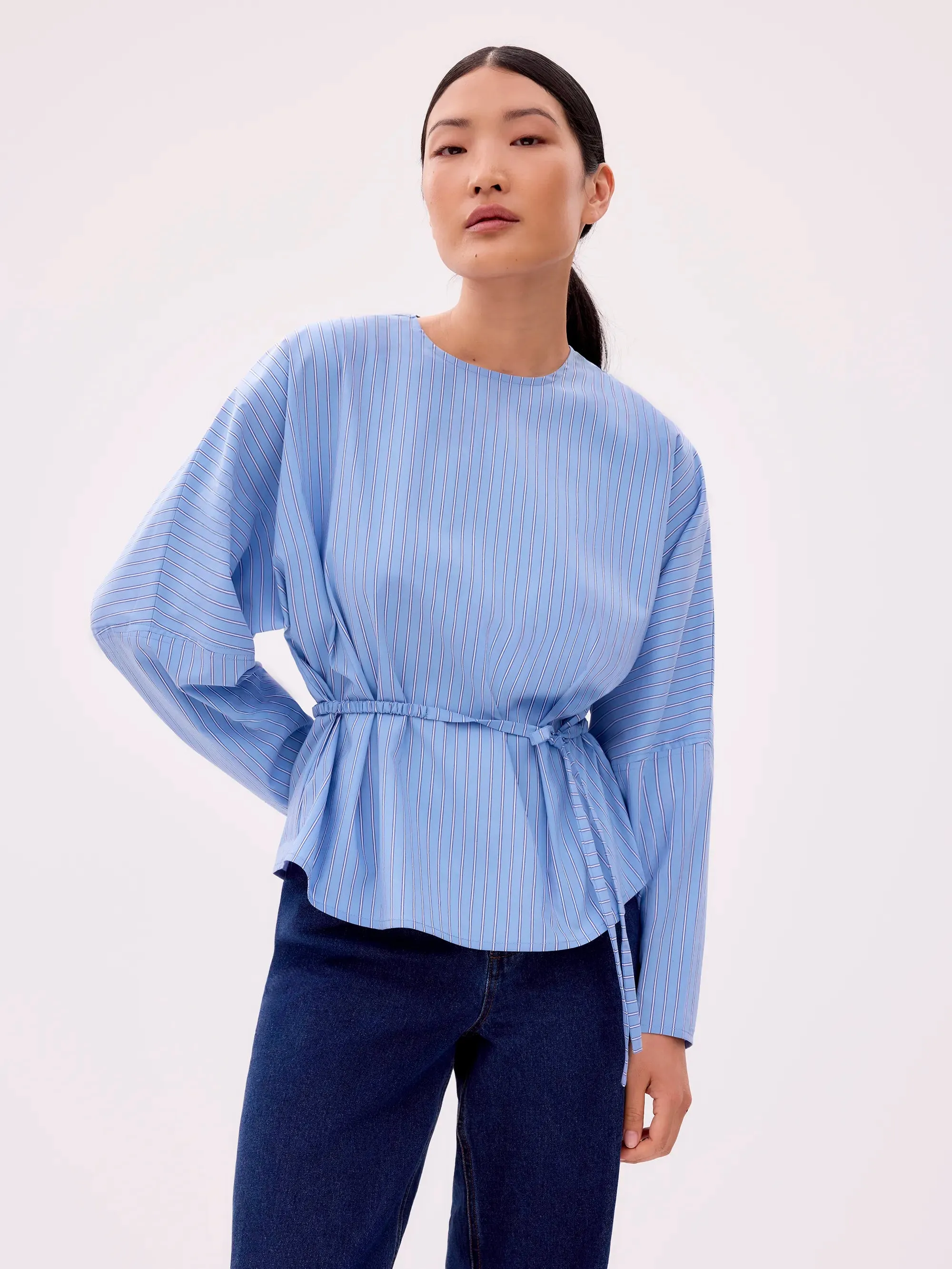 Blue Stripe Tie Waist Blouse ReflectiveTrims