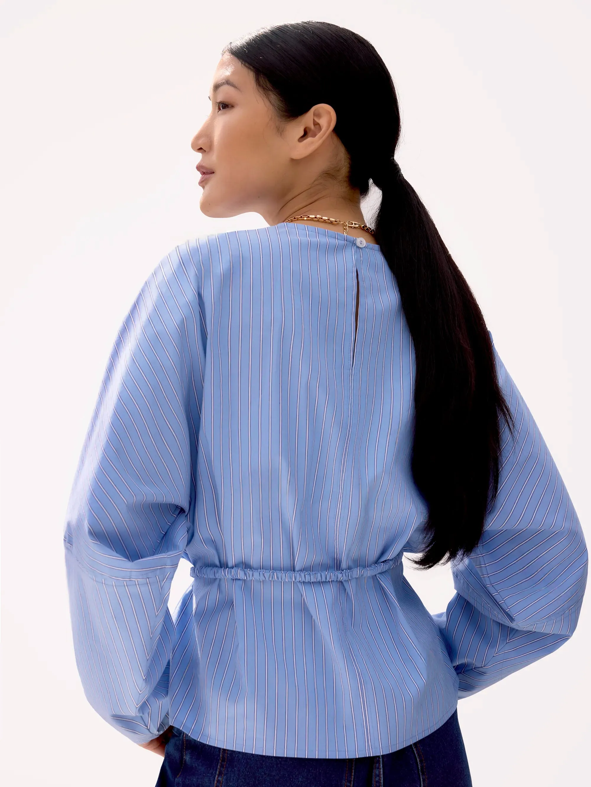 LightweightLayeringSystem Blue Stripe Tie Waist Blouse