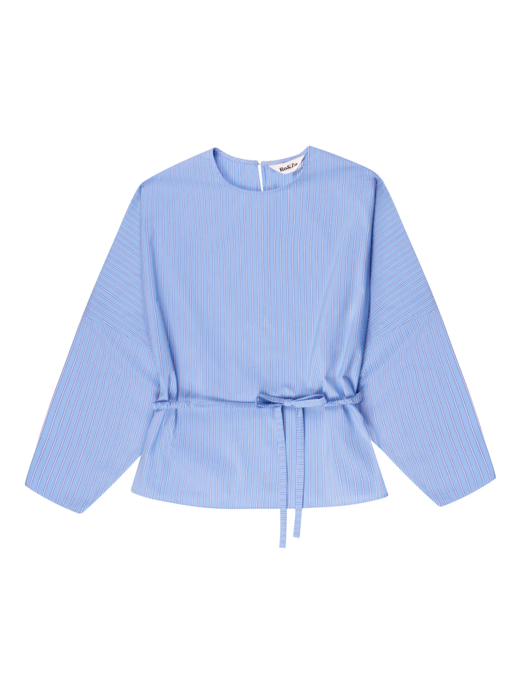 Blue Stripe Tie Waist Blouse Lightweight Fabric