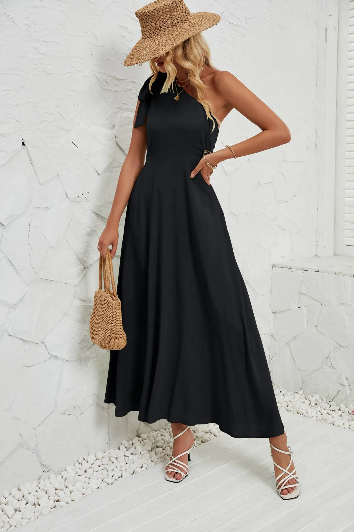 Lightweight-Lining Smooth Edge BOW ONE-SHOULDER BELTED DRESS_CWDMD1831
