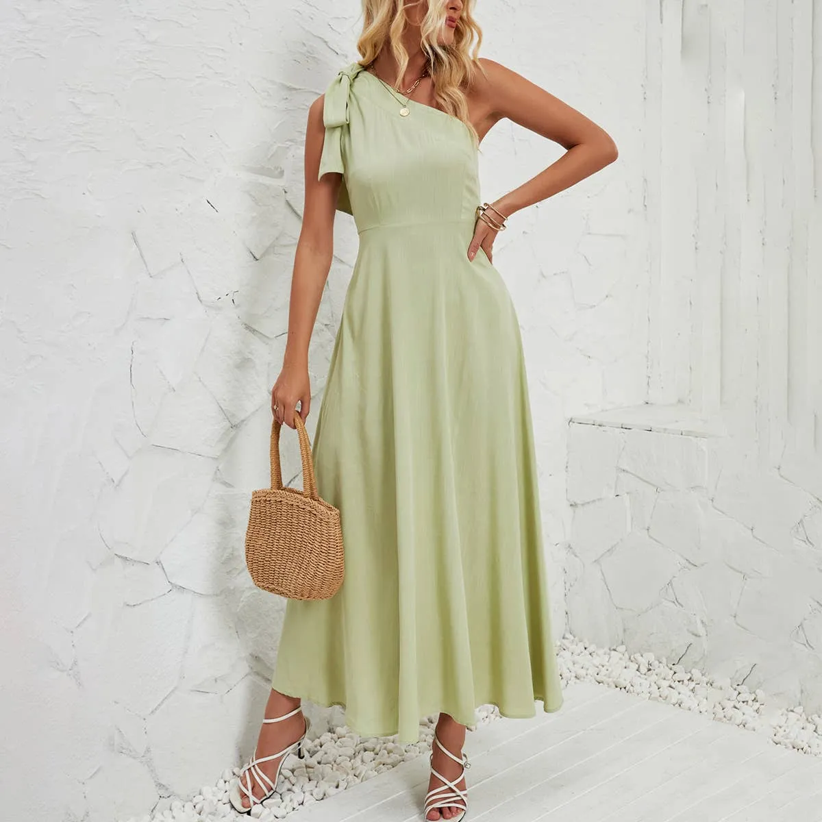Color Pop Silky-Feel BOW ONE-SHOULDER BELTED DRESS_CWDMD1831