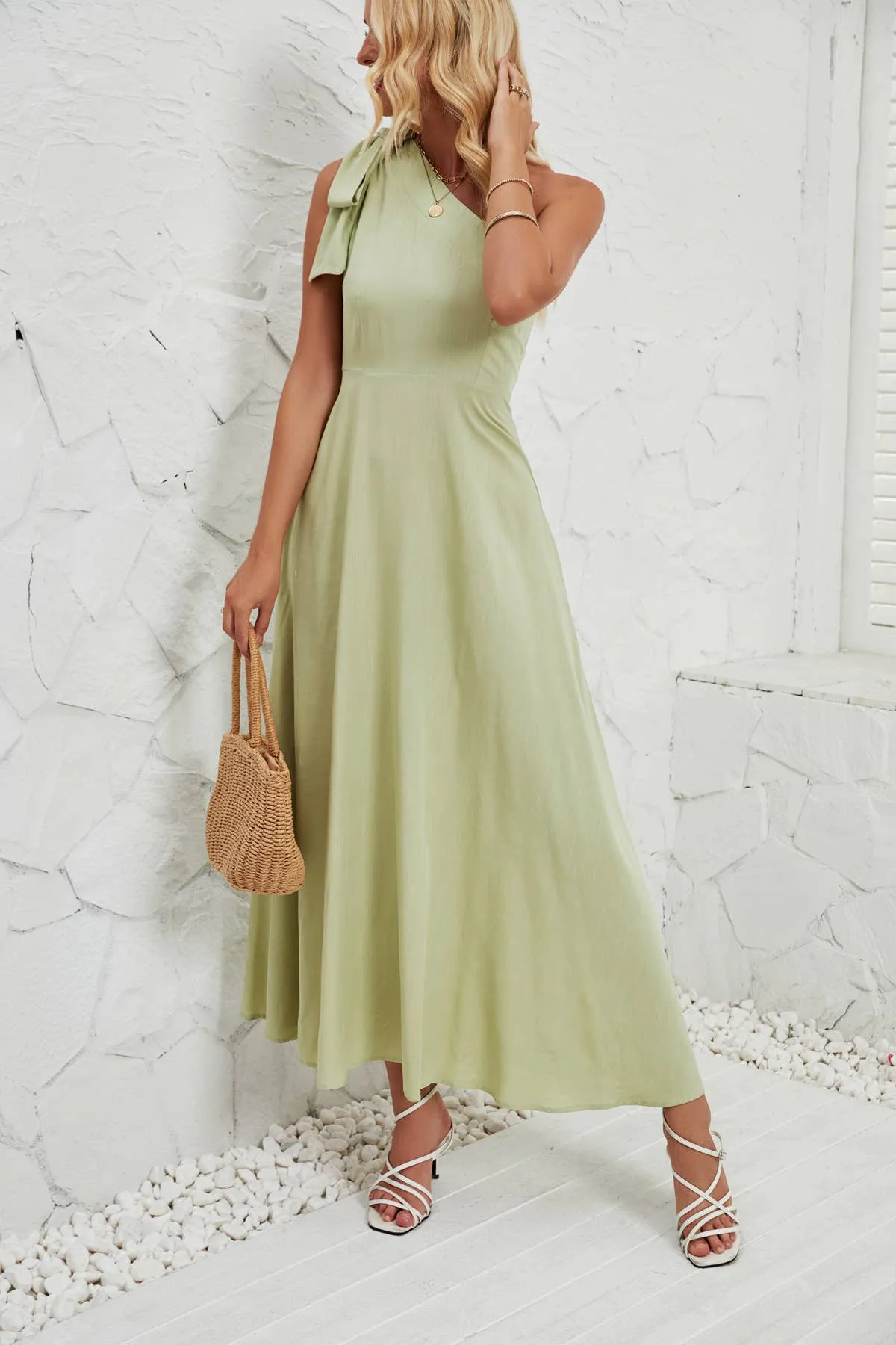 BOW ONE-SHOULDER BELTED DRESS_CWDMD1831 Minimalist Layering Feminine Fit