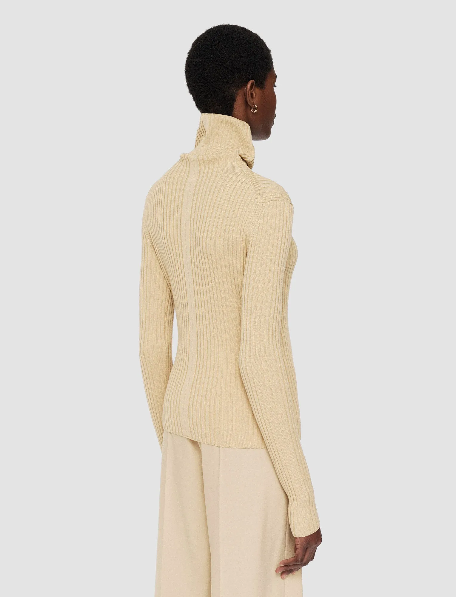 Zigzag Stitch Detail Merino Silk Rib High Neck Jumper
