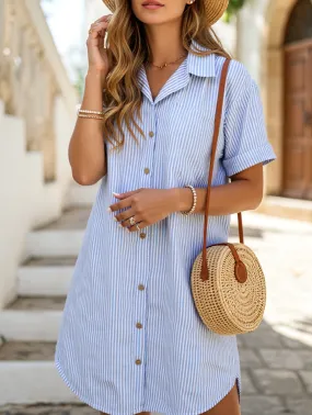 Subtle pattern Flattering Fit for All Striped Short Sleeve Viscose Dress ??Lightweight Mid-Length Summer Dress