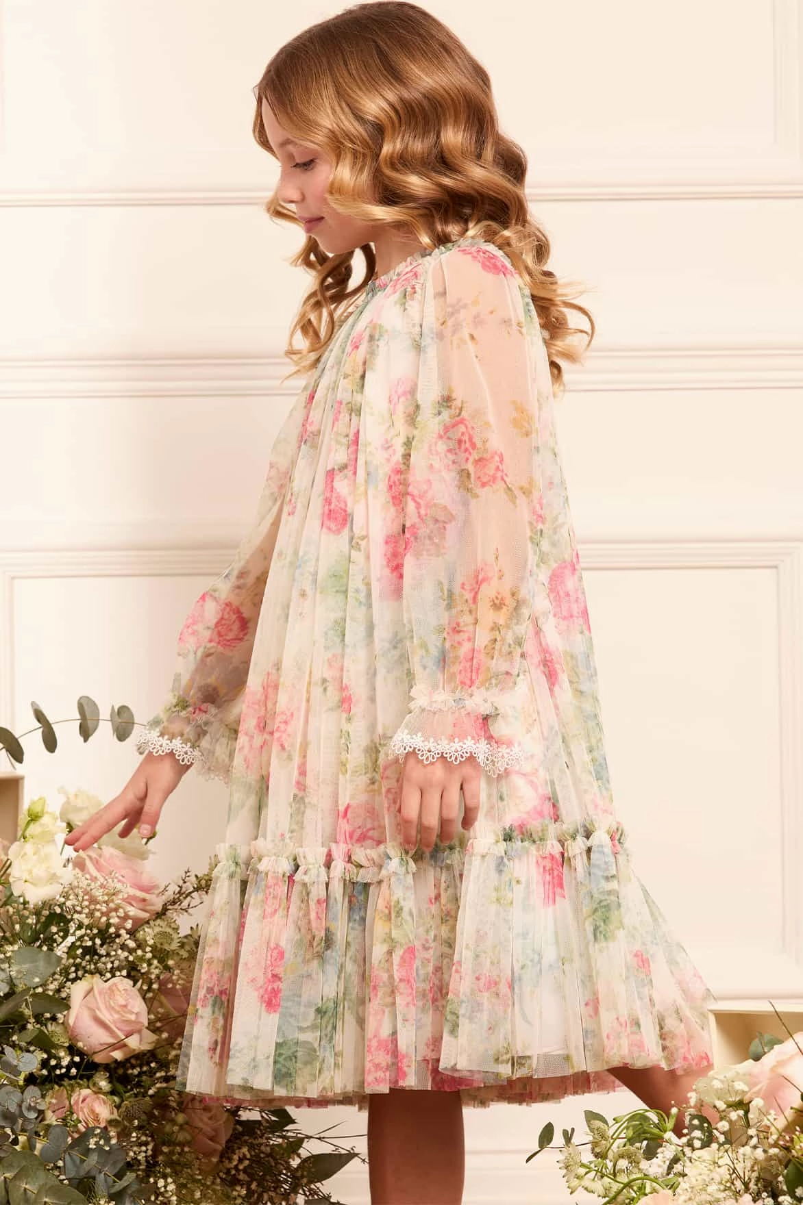 Petal Sleeve Architecture Double Layered Hem Floral Romance Long Sleeve Kids Dress