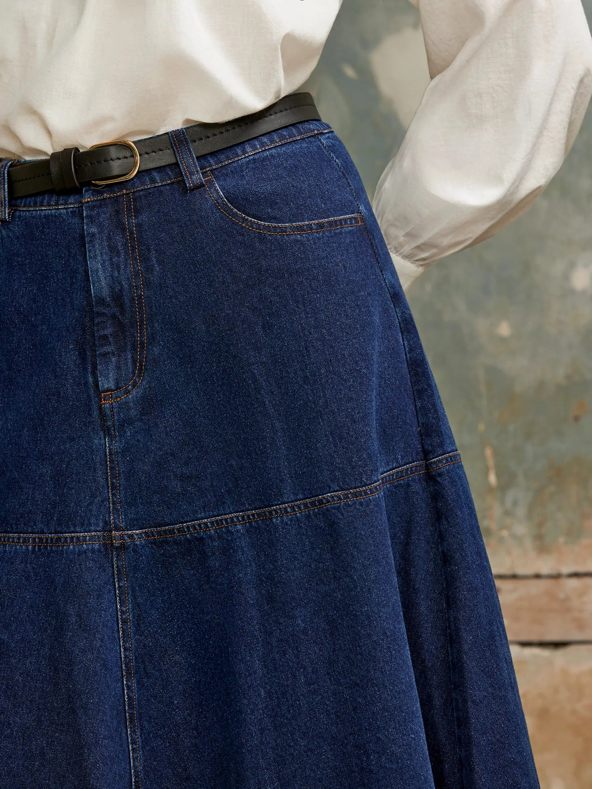 Non Restrictive Mobility ShockAbsorbing Dark-Blue Denim Flared Maxi Skirt