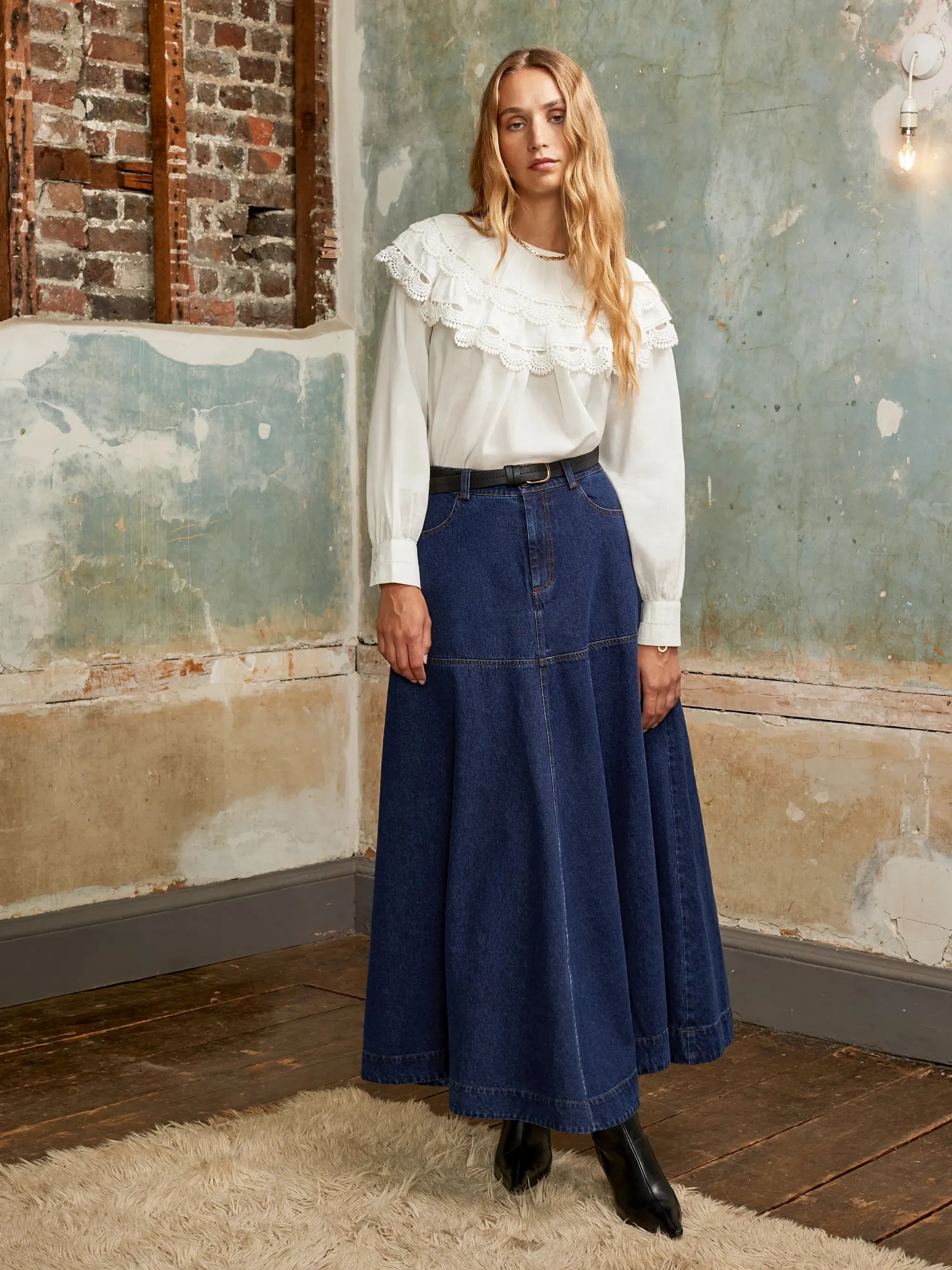 Hidden Button Placket MicroPerforated Details Dark-Blue Denim Flared Maxi Skirt
