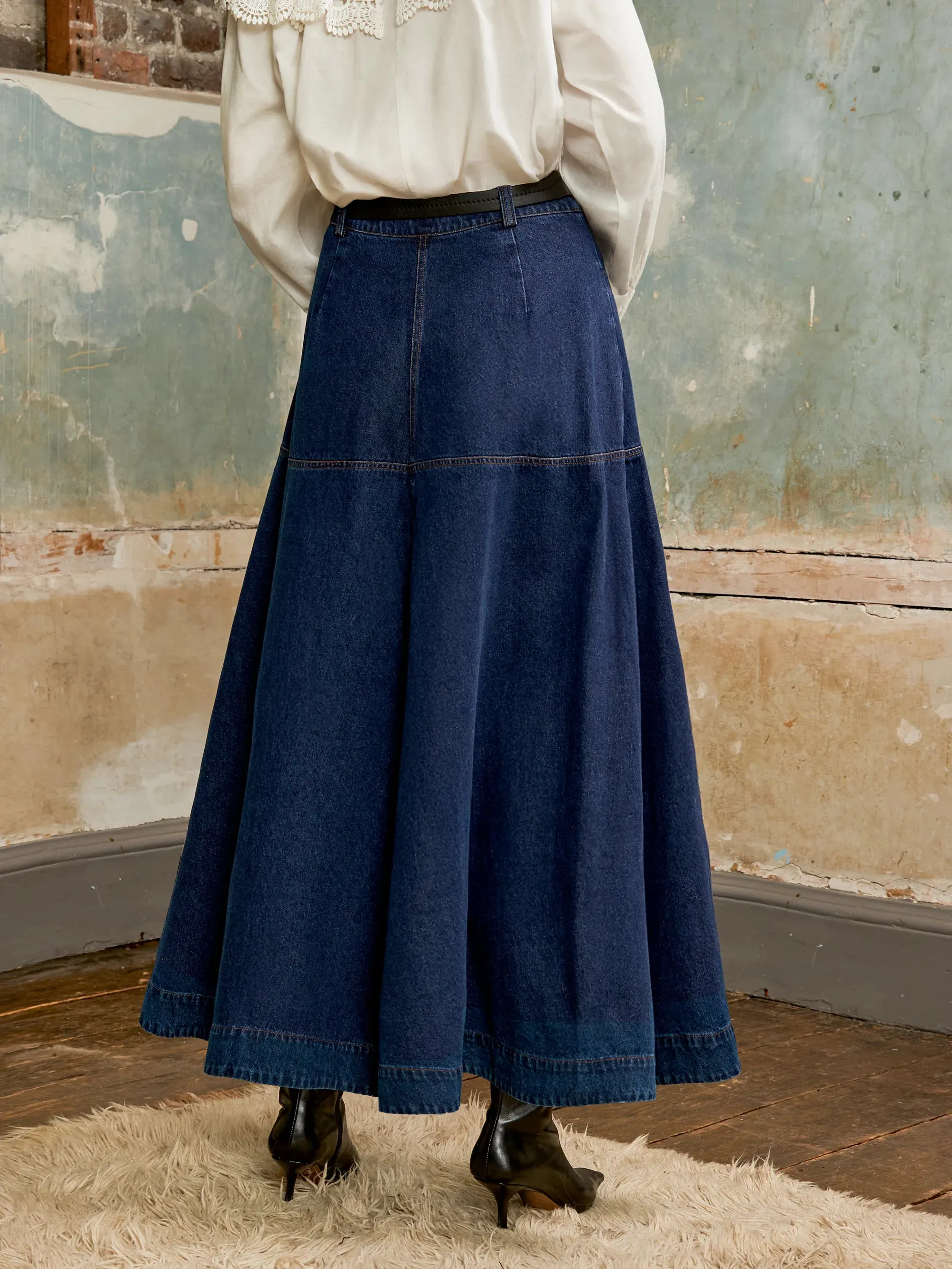 Dark-Blue Denim Flared Maxi Skirt Ribbed Trim SustainableBlend