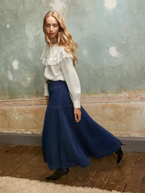 StretchableKnit NonIrritatingEdges Dark-Blue Denim Flared Maxi Skirt