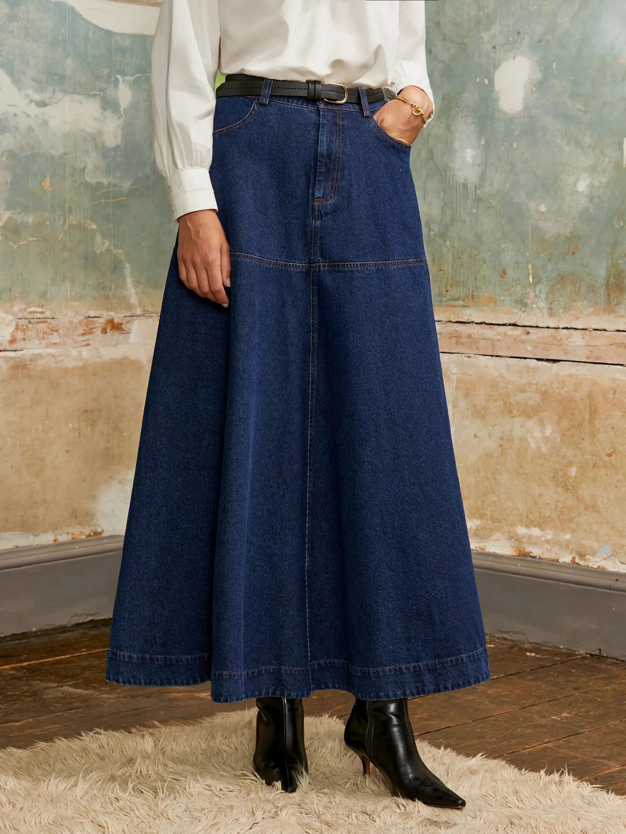 Dark-Blue Denim Flared Maxi Skirt Sleeveless Top