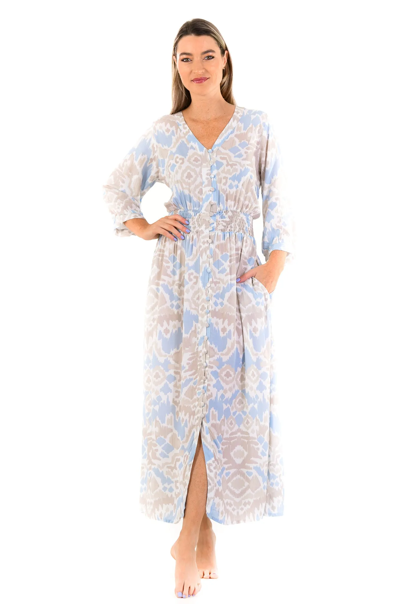 Crisp Finish Kelsey Dress Long / Sand and Sea Ikat