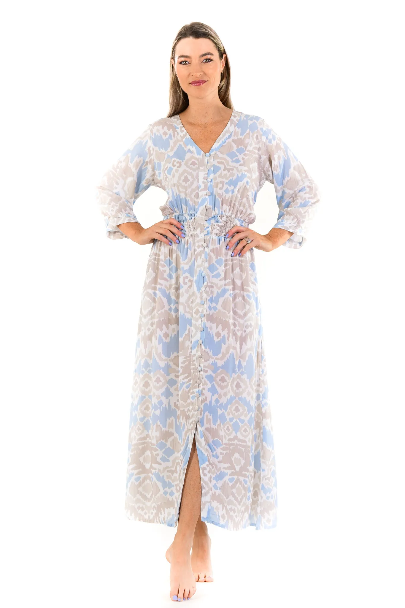 Versatile Design Neutral Form Kelsey Dress Long / Sand and Sea Ikat
